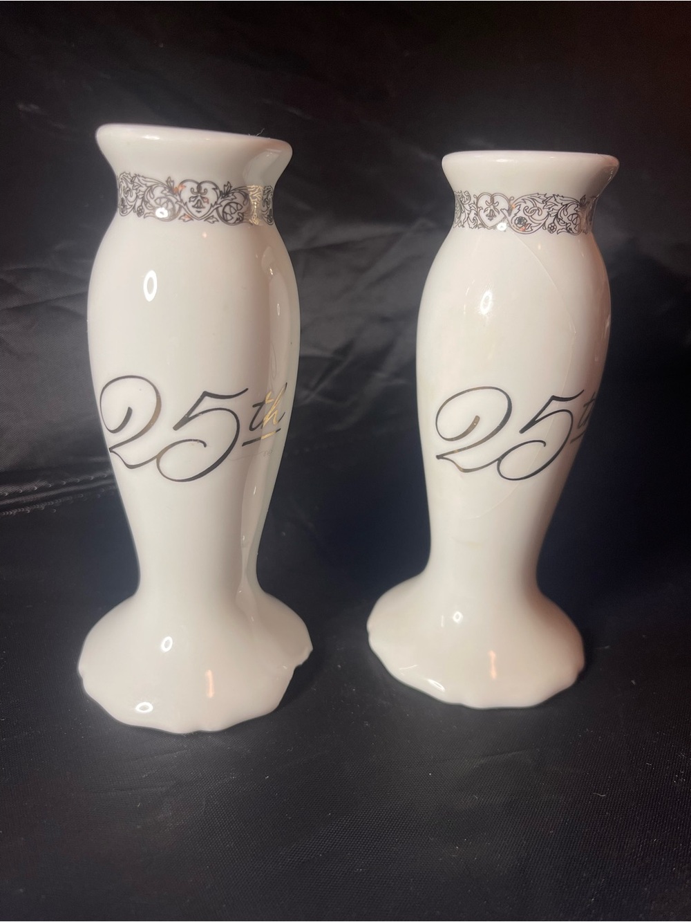 White Porcelain 25th Anniversary Bud Vases with Silver Accent